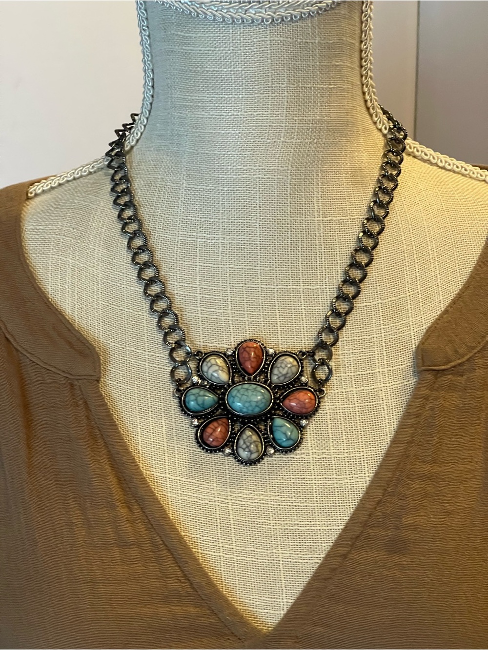 Statement Multi-Stone Silver Necklace - Turquoise, Coral & White Howlite